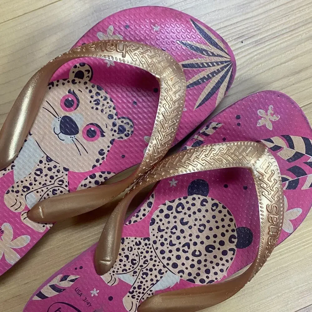 Havaianas Girl's Kids Sz 3/4Y Top Pets Cheetah Slippers Flip Flops Beach Pool